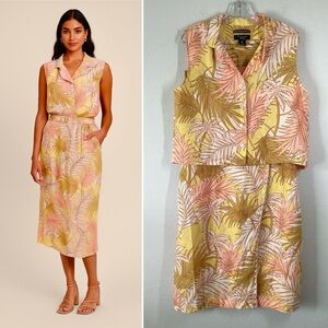 TAHARI Linen Skirt Set 2-Piece Faux Wrap Tropical Palm Print Resort Vacation L